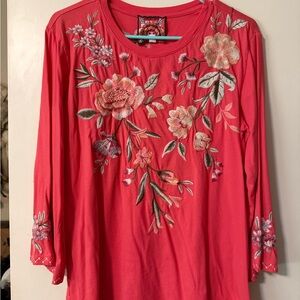 Johnny Was Coral Floral Embroidered Long Sleeve Top